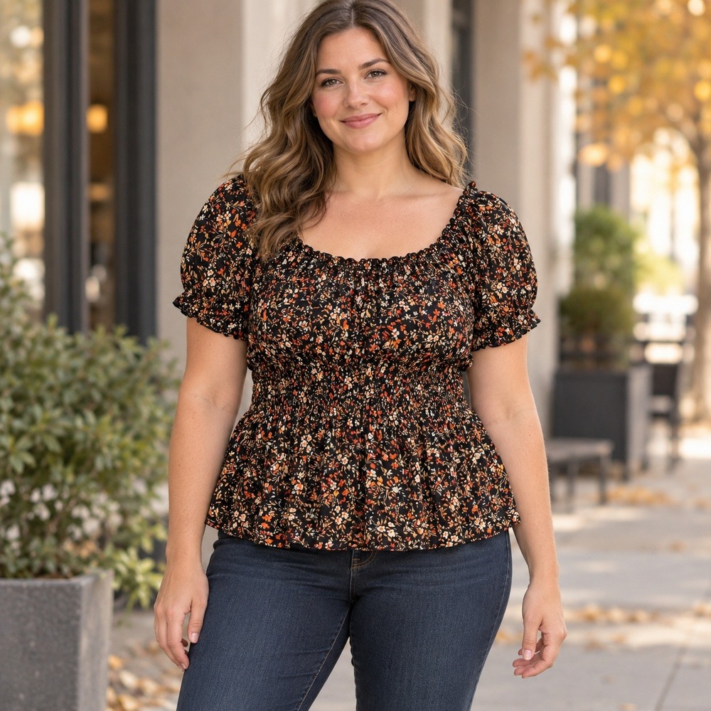 Old Navy Peplum Top L Black Orange Floral Smocked Waist Puff Sleeve Cottagecore